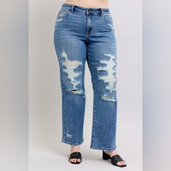 Judy Blue High-Rise Distressed Straight Leg Torn Hole Slim Fit Jeans Denim Pants - Picture 10 of 15